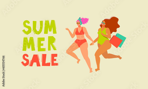 Summer, two girls in swimsuits, body-positive run to the sale. Summer Sale. 