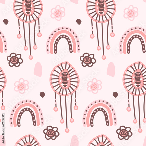 Boho elements. Seamless pattern. Celestial concept. Mystical contemporary art with celestial geometry shapes. For fabrics, textiles, and ect. Vector.