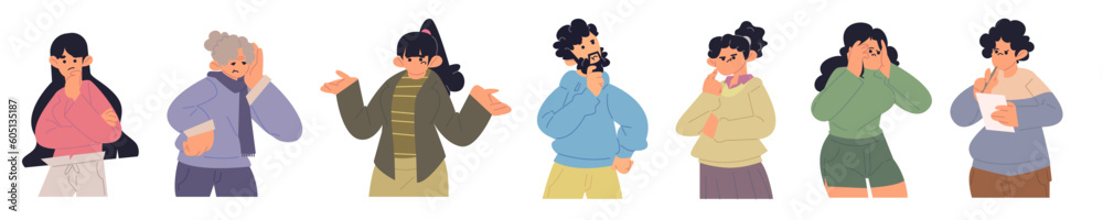 Confused men and women in doubts and thoughts. Puzzled pensive people worry and think with serious thoughtful expression. Uncertain characters. Flat vector illustrations isolated on white background Confused men and women in doubts and thoughts. Puzzled pensive people worry and think with serious thoughtful expression. Uncertain characters. Flat vector illustrations isolated on white background