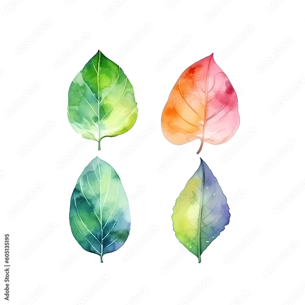 Collection of Colorful Leaf Illustrations in Watercolor Painting, Created by Generative AI