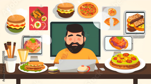 a person sitting in front of a computer with a plate of food next to them Generative AI