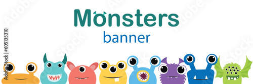 Monster's banner with peep out monsters. Vector illustration.