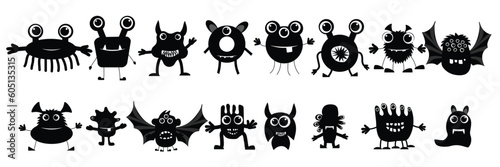 Big collection of black monsters. Set of monochrome black monsters, isolated on white background. Vector illustration.