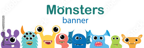 Monster's banner with peep out monsters. Vector illustration.