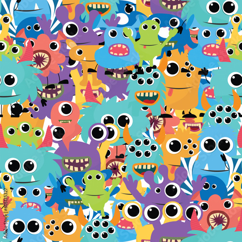 Seamless pattern with monster. Many monsters. Vector illustraiton