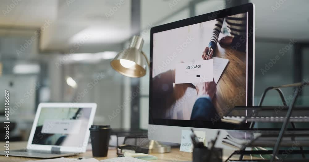 Computer screen, job search and website background for recruitment, Human Resources and hiring services. Web portal, research and HR desktop, office desk and technology, career SEO or web design