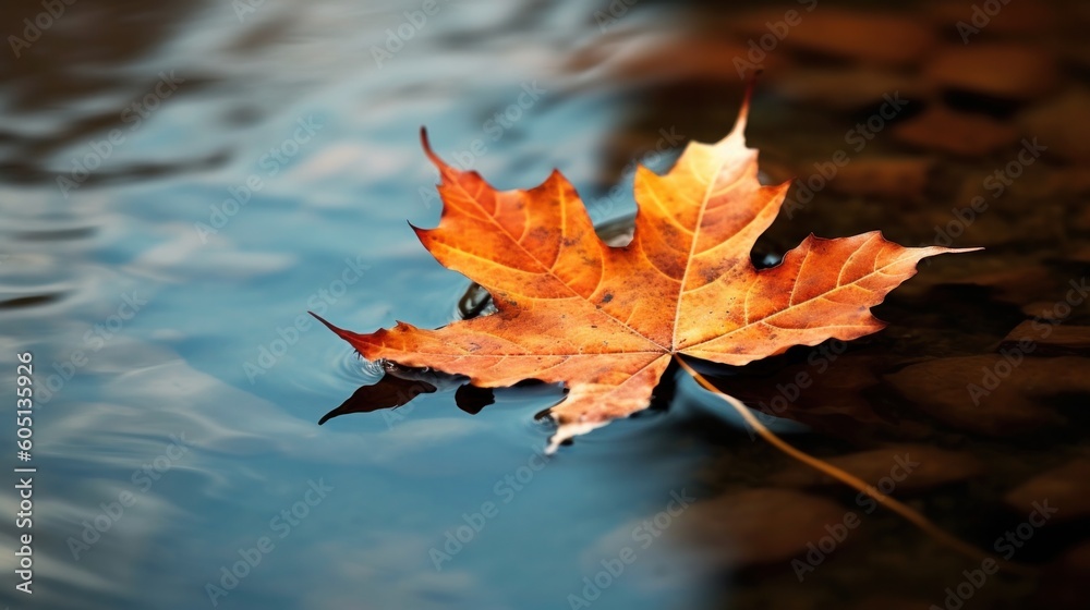 Fallen maple leaf in autumn colors floating on water surface. Generative AI. Fallen maple leaf in autumn colors floating on water surface. Generative AI.