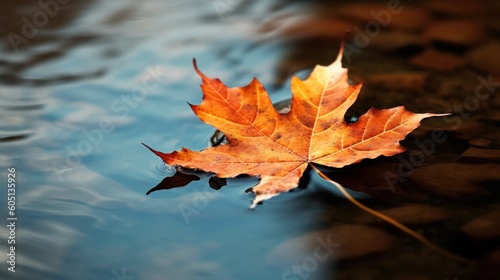 Fallen maple leaf in autumn colors floating on water surface. Generative AI.