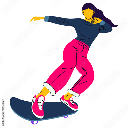 Poster of the International Skateboarding Day. A girl rides a skateboard on a white background. Skateboard tricks, skateboarding, jumping. Banner with bright people for the holiday on June 21