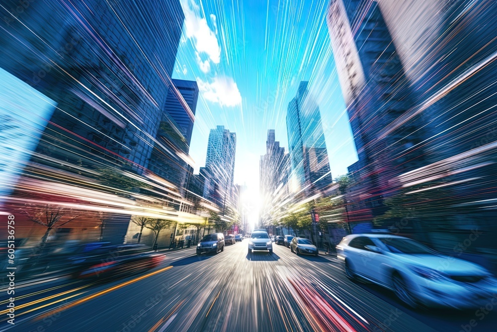 Obraz premium Wide angle long exposure of train travelling fast using generative AI