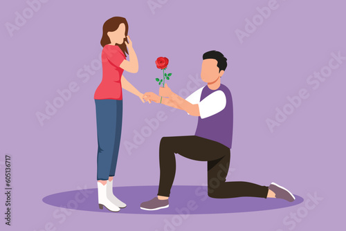 Cartoon flat style drawing handsome man on knee gives flowers to beauty woman. Young guy giving to girl rose flower for propose her. Happy romantic couple in love. Graphic design vector illustration