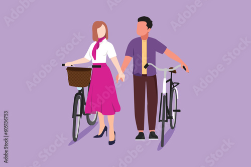 Graphic flat design drawing romantic couple cyclists walking down forest road with their bicycles on summer day. Man and woman in love. Happy romantic married couple. Cartoon style vector illustration