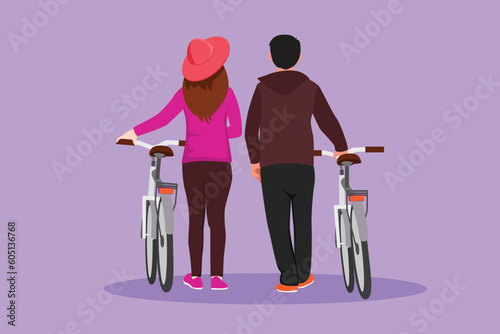 Graphic flat design drawing back view of romantic couple walking together with bicycle at outdoor park. Cheerful man and woman in love. Happy romantic married couple. Cartoon style vector illustration