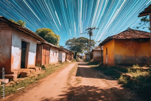 Wide angle long exposure of village with star trails at night using generative AI © Afi Kreative