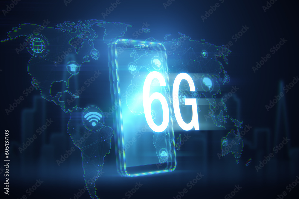 Abstract digital phone with 6G and map hologram, polygonal connections on blurry blue backdrop. Internet, speed and communication concept. 3D Rendering. Abstract digital phone with 6G and map hologram, polygonal connections on blurry blue backdrop. Internet, speed and communication concept. 3D Rendering.