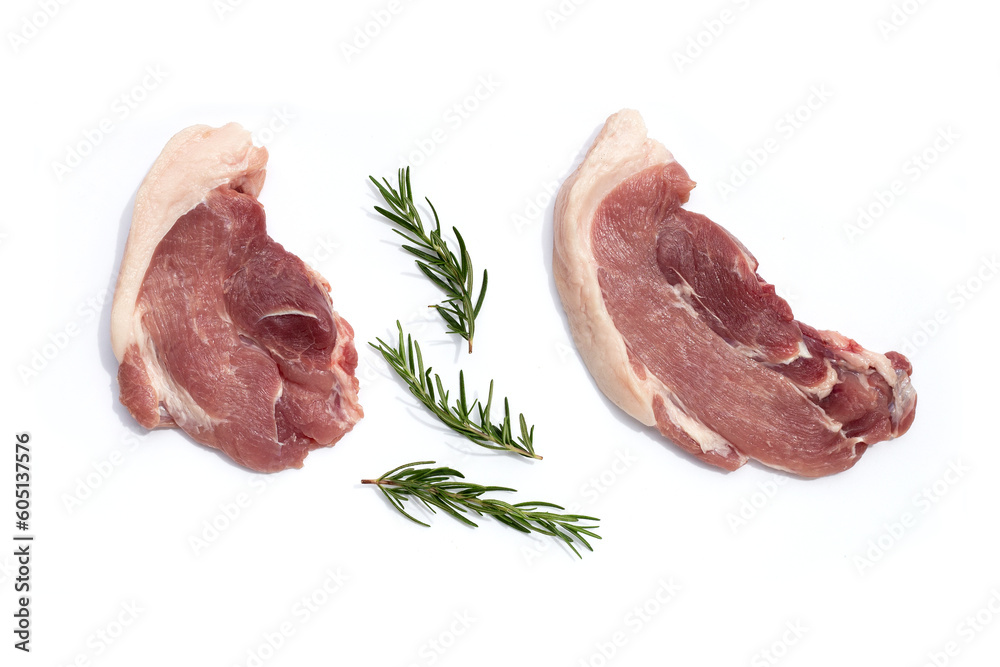 Pork meat with rosemary on white background. Pork meat with rosemary on white background.