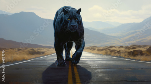 Black panther walking on a road in the rain photo