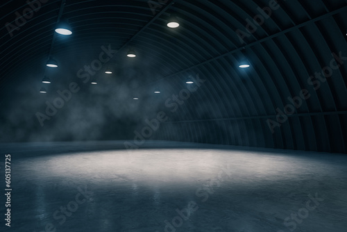 Perspective view dark smokey garage interior with spotlight and concrete floor, car background and empty stage concept. 3D Rendering, mockup