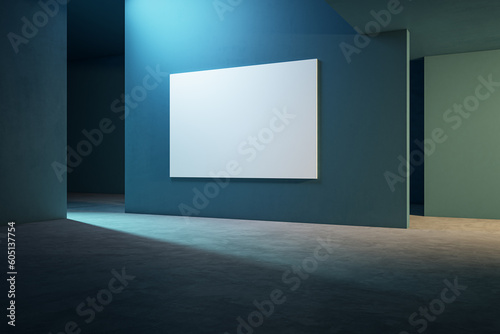 Perspective view on blank white poster with place for your logo or text on dark wall partition in abstract exhibition hall with illuminated concrete floor. 3D rendering, mockup