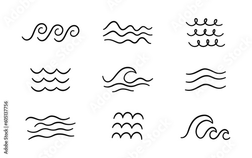 Doodle sea wave icons. Hand drawn simple wavy lines. Sea storm scribble icons set. Ocean water flow curve sketch. Aqua doodle symbols. Vector illustration isolated on white background.