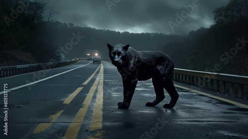 Black panther walking on a road in the rain photo