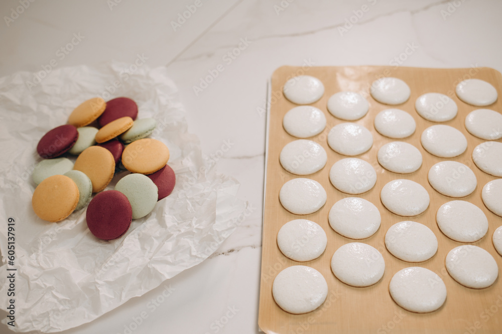 Macaron on the shelf. Macarons baking In kittchen Macaron on the shelf. Macarons baking In kittchen