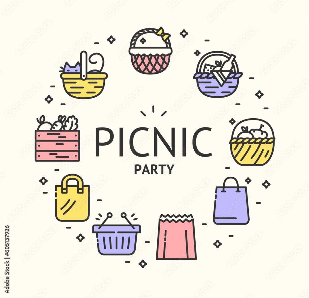 Picnic Party Sign Round Design Template Thin Line Icon Banner for Promotion, Marketing and Advertising. Vector illustration