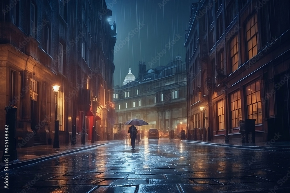 Old European city street landscape, night city in the rain painting, historical cityscape. Generative AI