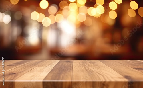 Image of wooden table in front of abstract blurred restaurant lights background Generative AI