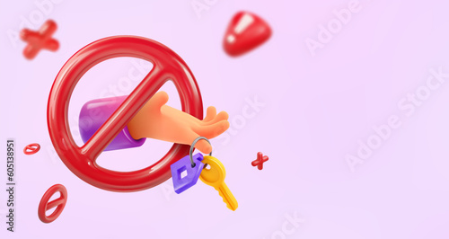 Crime, unfair, scammer real estate agent give keys to buyer vector illustration. Fake, fraud loan, mortgage or property template. Fraud apartment rent. Hand holding keys with prohibition sign banner