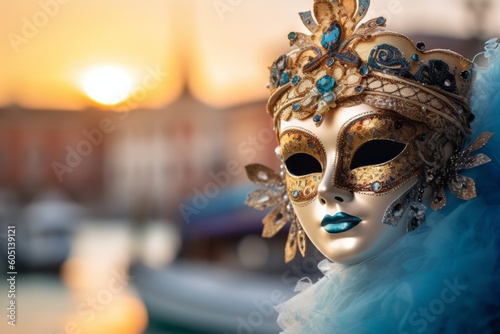 Venetian Carnival Mask worn by a stylish model, with a blurred cityscape in the background, blending fashion and culture to appeal to a contemporary audience. Generative AI © bluebeat76