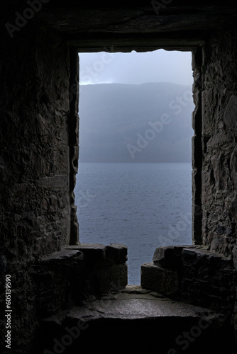 Loch Ness. Urquhart Castle. Lake. Scotland. Ruin of an medieval castle. Window view