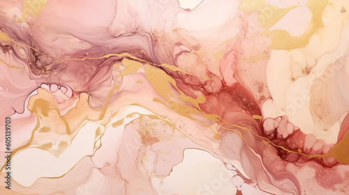 Abstract beige art with gold accents features a pink. 