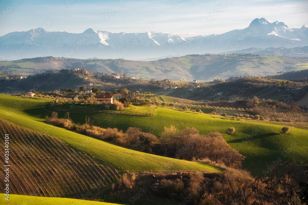 Countryside landscape, green agricultural fields among hills