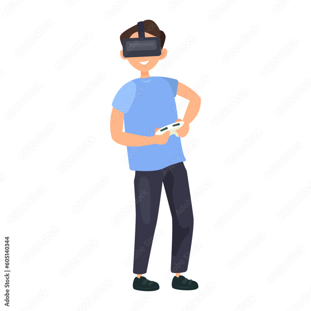 Boy playing vr game illustration in color cartoon style. Editable vector graphic design.