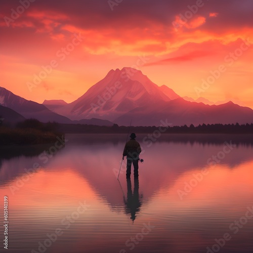 Experience tranquility with a fishing man standing by a serene lake, surrounded by majestic mountains and a captivating sunset sky. Witness the beauty of nature's embrace.