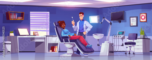 Dentistry office with dentist doctor and patient in chair. Stomatology, teeth treatment and healthcare concept with man and woman characters in clinic, vector cartoon illustration