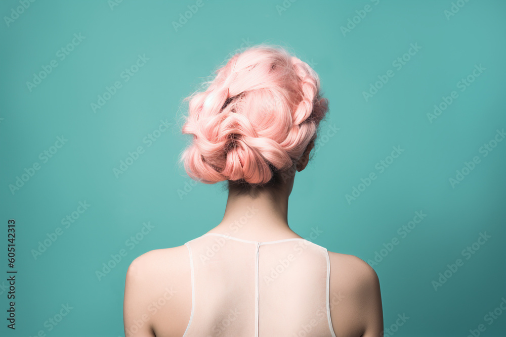 Pink colored hair in messy updo style. Generative AI illustration Pink colored hair in messy updo style. Generative AI illustration
