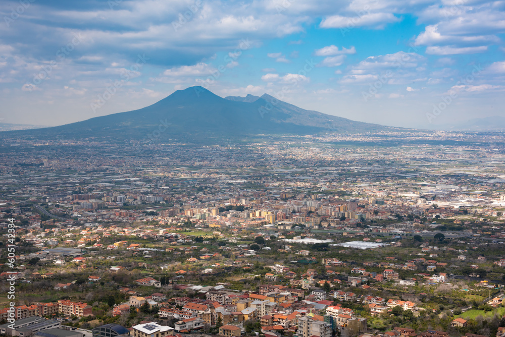 Panoramic view of Naples city in Italy with Vesuvius volcano