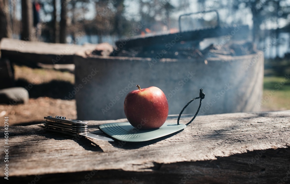 Apple on a camping chopping board and a pen knife by a campfire Stock