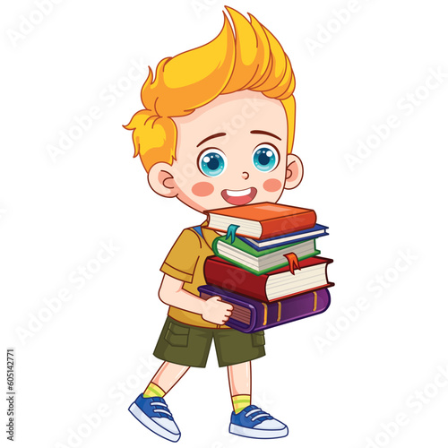 Vector a boy carrying a stack of books with the word library on it.