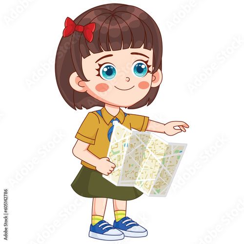 Vector a girl with a map in her hand is looking at a map.