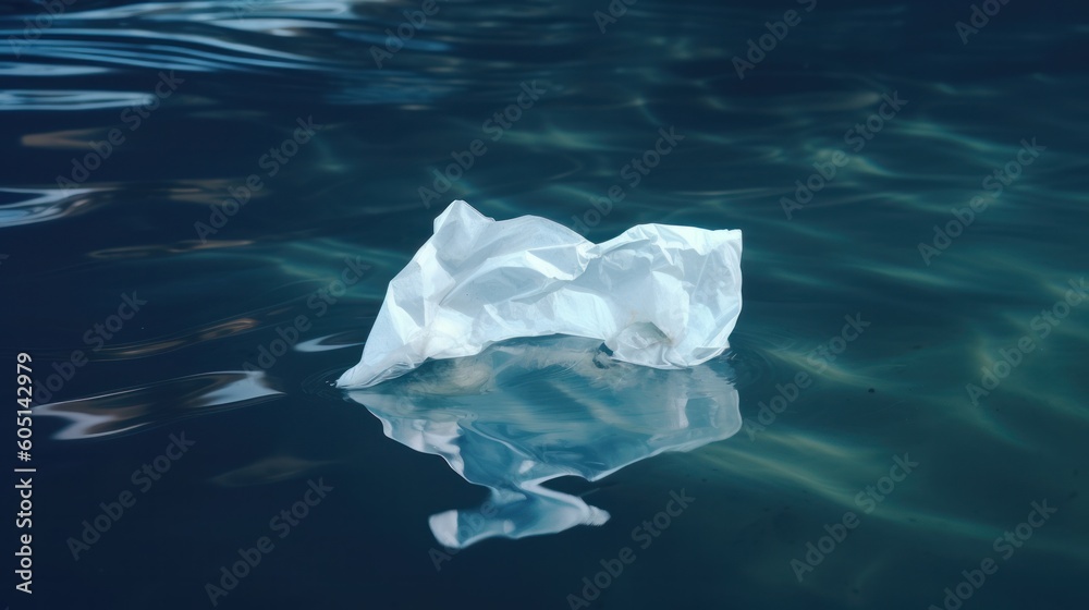 White plastic bag floating in water. Generative AI. White plastic bag floating in water. Generative AI.