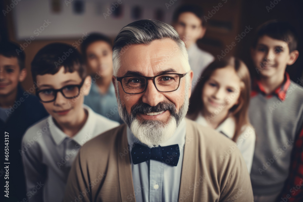 Portrait of mature caucasian teacher with his students. Generative AI., Generative AI Portrait of mature caucasian teacher with his students. Generative AI., Generative AI