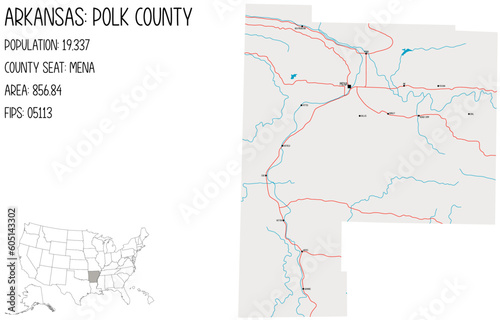 Large and detailed map of Polk County in Arkansas, USA.