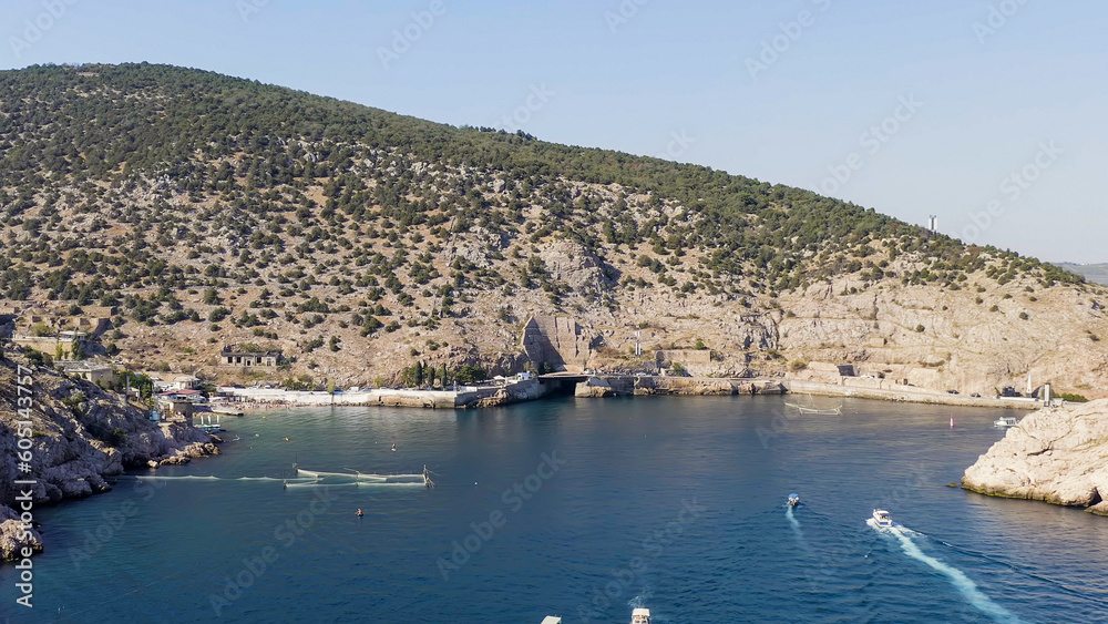Sevastopol, Crimea. Entering Balaklava Bay with yachts and pleasure boats, Aerial View