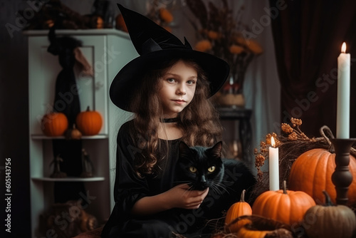 Caucasian girl in witch costume with her cat at home. Generative AI., Generative AI photo