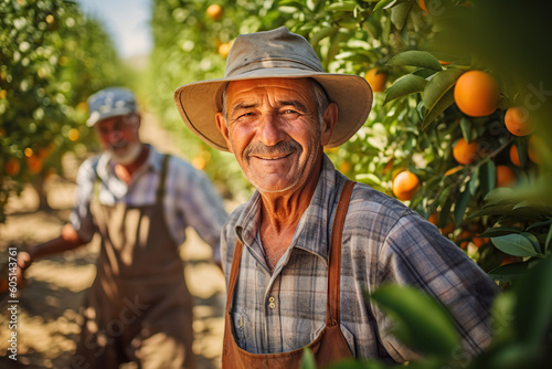 Farmer in his 50s next to orange tree. Generative AI, Generative AI photo