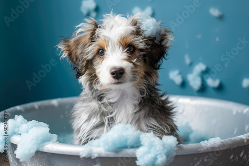 Funny puppy sitting in bathtub waiting for grooming. Banner for pet shop, grooming salon. Space for text. Generative AI 