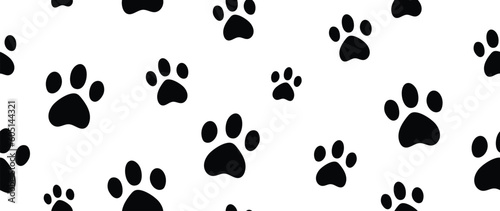 Dog paw footprints background vector. Hand drawn animal, pet, cat paw silhouette pattern, kitten, puppy walking. Footsteps illustration design for fabric, decorative, sticker, wallpaper, kids